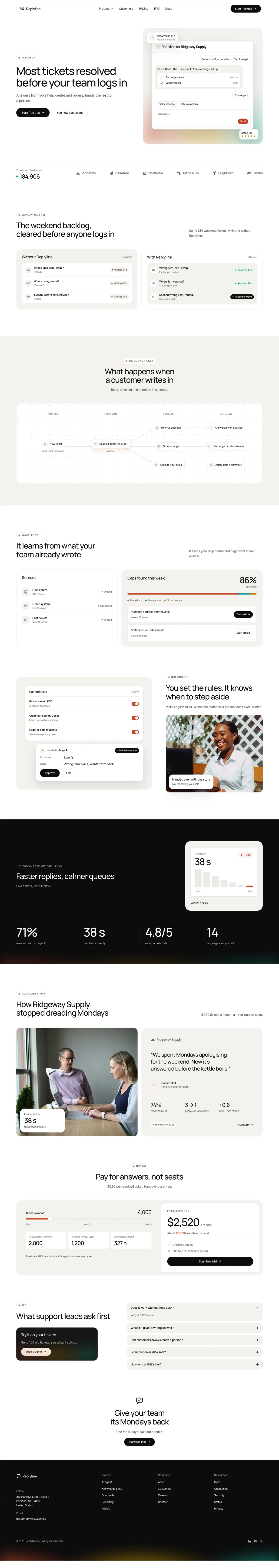 Replyline homepage, made with Novra