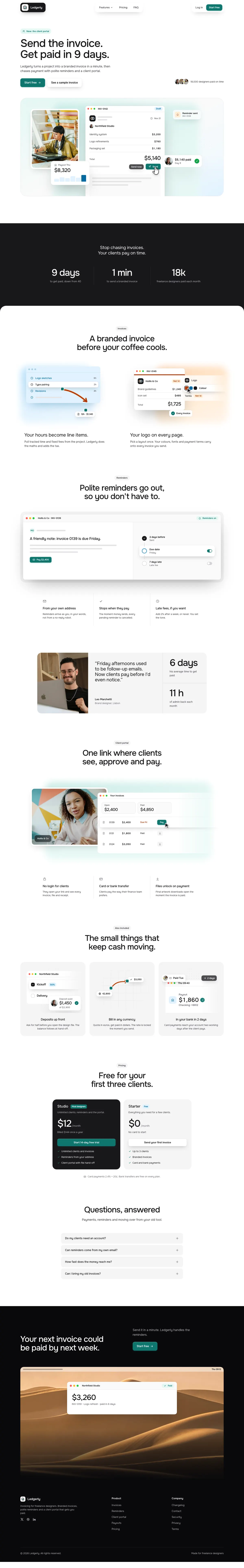 Ledgerly homepage, made with Sorvi